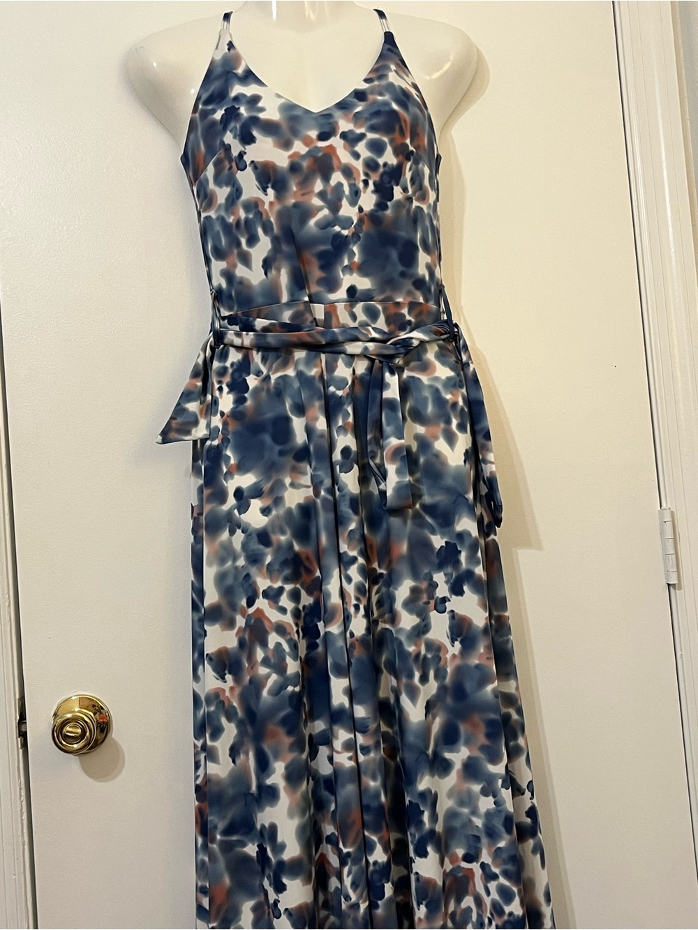 Sleeveless V-Neck Maxi Dress in Blue and Brown Watercolor
